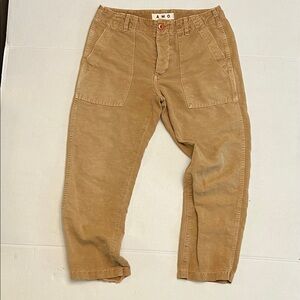 AMO ARMY BABE PANTS IN TOBACCO RELAXED FIT BUTTON FLY CROPPED COTTON/ LINEN 27